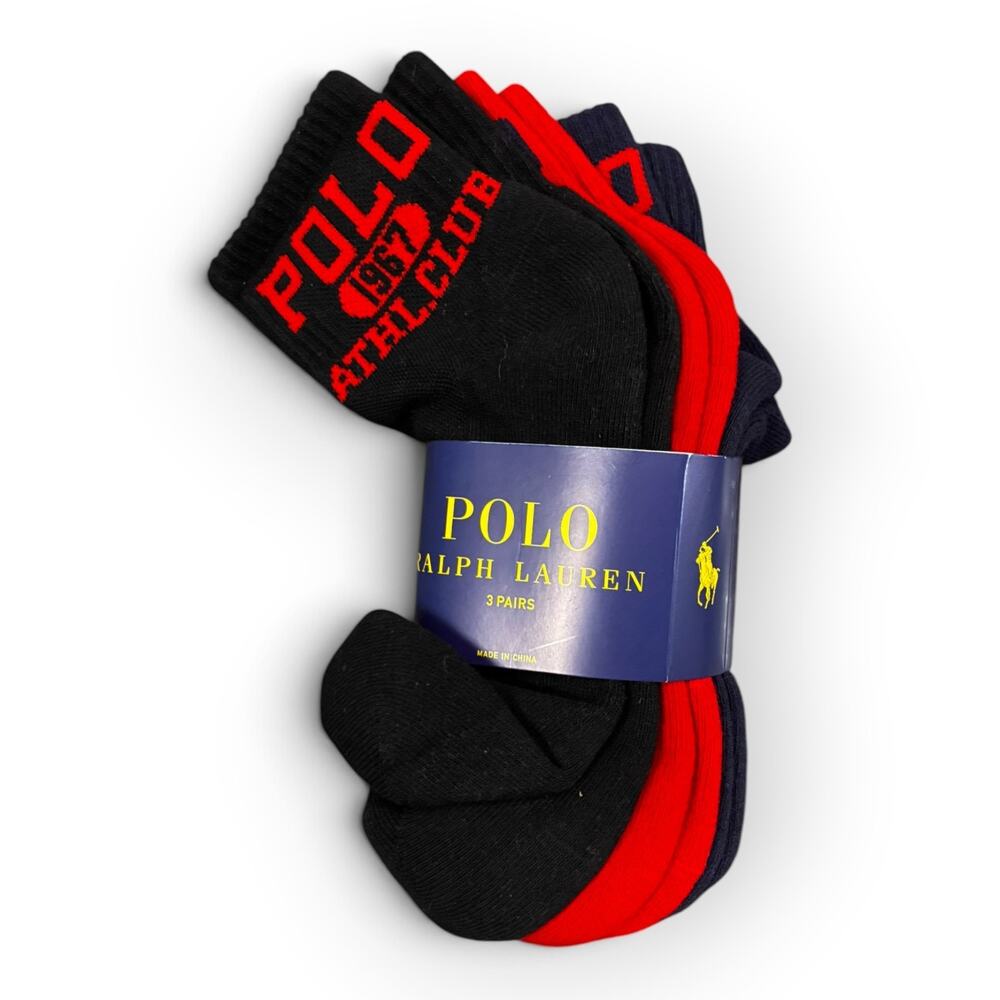 3 Pack Womens Designer Polo Crew Socks Red Black Blue